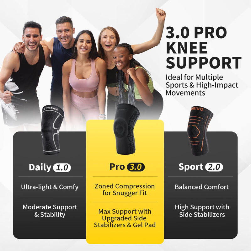 CAMBIVO 2 Pack Knee Brace for Men and Women, Knee Sleeves for Men with Patella Gel Pad and Side Stabilizers, Knee Compression Sleeves for Knee Pain Relief, Running, Workout, Daily Use Black Large