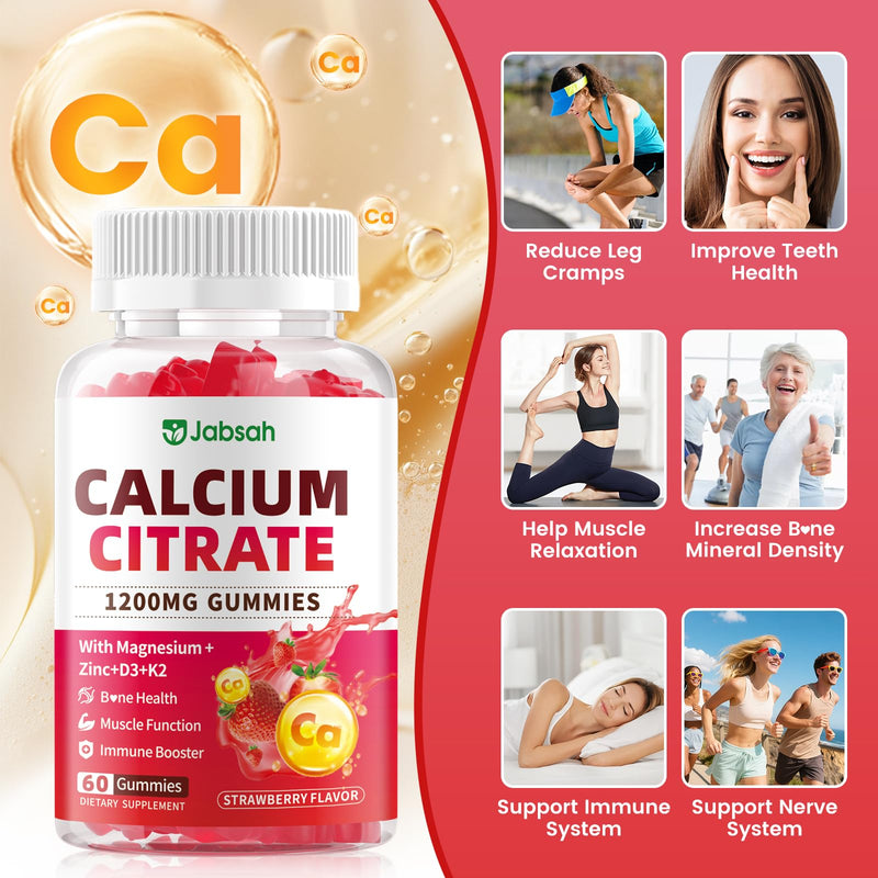 Calcium Citrate Gummies 1200mg, High Absorption Calcium Supplements with Vitamin D3, K2, Magnesium, Zinc for Bone, Muscle & Immune Support, Calcium Gummies for Women & Men, Strawberry Flavor 120 Count 60 Count (Pack of 2)