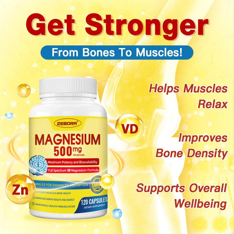 ZEBORA 10-in-1 Magnesium Glycinate Complex 500mg, 120 Capsules | Chelated High Absorption with Citrate, Malate, Vitamin D3, and Zinc for Nerve, Muscle, and Bone Health Support 120 Count (Pack of 1)