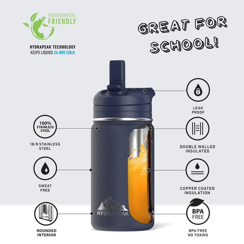 Hydrapeak Mini 14oz Kids Water Bottle with Straw Lid, Stainless Steel Double Wall Insulated Water Bottle for Kids | Leak-Proof and Spill-Proof Kids Water Bottle for School, 24 Hours Cold (Navy) Navy - BeesActive Australia