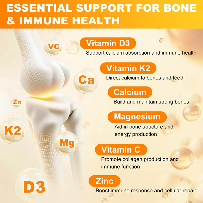 6-in-1 Vitamin D3 K2 Supplement Gummies for Women & Men, Sugar Free | Chewable Vitamin D Gummies With Magnesium, Zinc & Calcium For Bone, Immune & Energy Support, Orange Flavor, 60 Count 60 Count (Pack of 1)