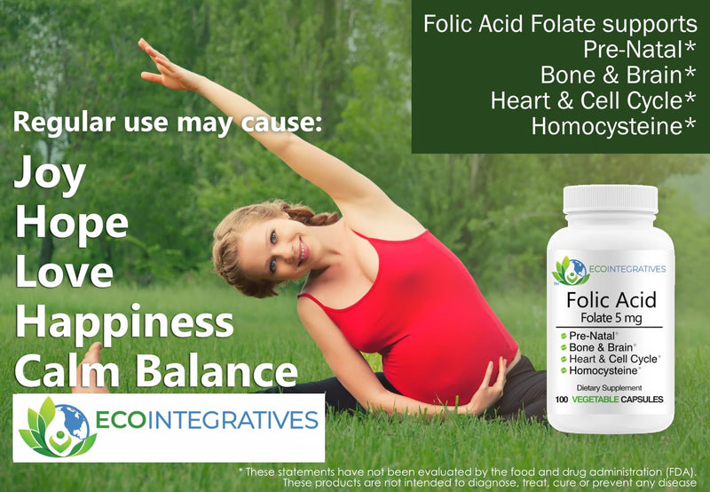 Folic Acid Folate 5mg Supplement - 100 Vegetable Capsules | Prenatal, Reproductive Health*, Homocysteine, Metabolism, Cardiovascular, Cognitive and Bone Health*, Allergen Free, Non GMO