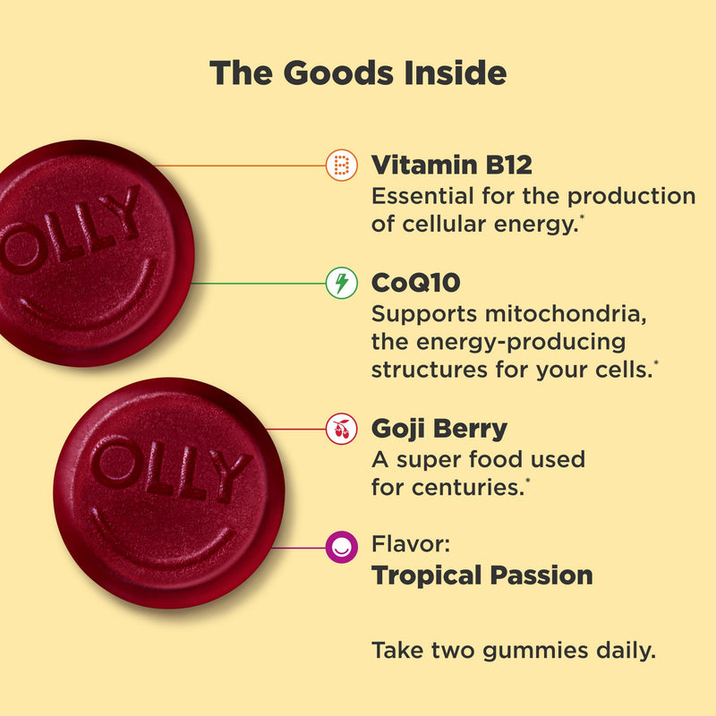 OLLY Daily Energy, Caffeine Free, 300 mcg Vitamin B12, CoQ10-120 Count Regular Strength 120 Count (Pack of 1)