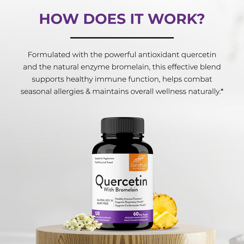 Sandhu's Quercetin with Bromelain 1000mg Per Serving 120 Count Vegetarian Capsules Bioflavonoids Supplement Complex Supports Immune, Cardiovascular & Respiratory Health| Made in USA Quercetin with Bromelain 120 Count - BeesActive Australia