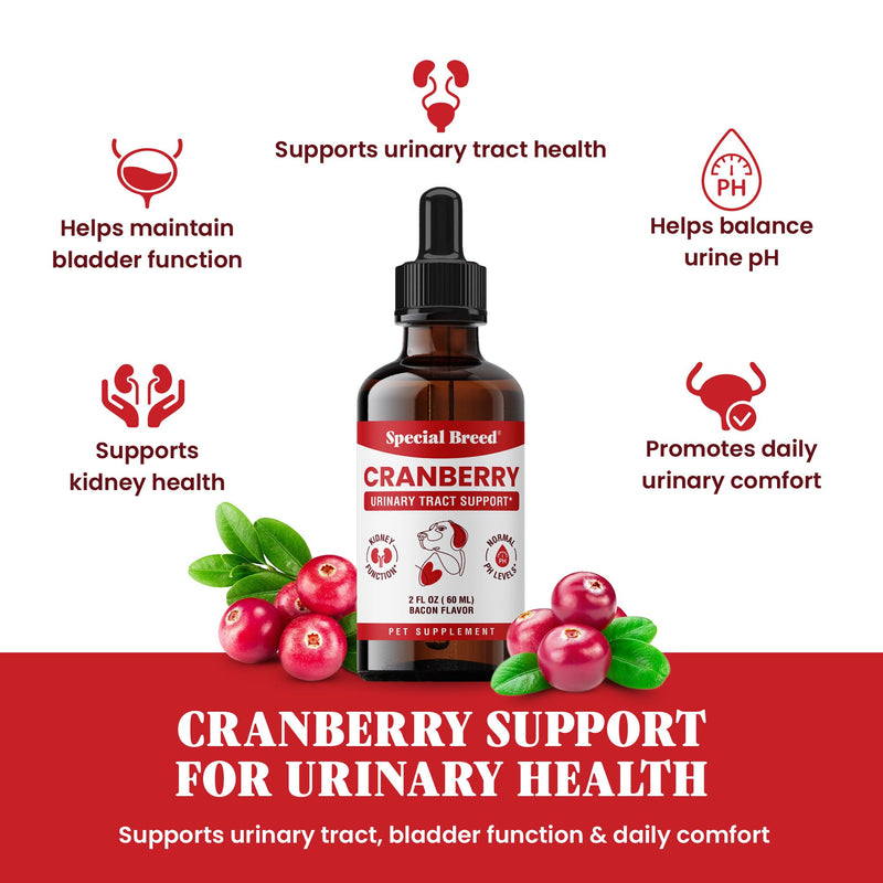Cranberry Supplement for Dogs - Cranberry Extract for Dogs - Urinary Tract and Bladder Support - Kidney and Urine pH Support - Liquid Drops for Dogs and Cats - Bacon Flavor - 2 oz