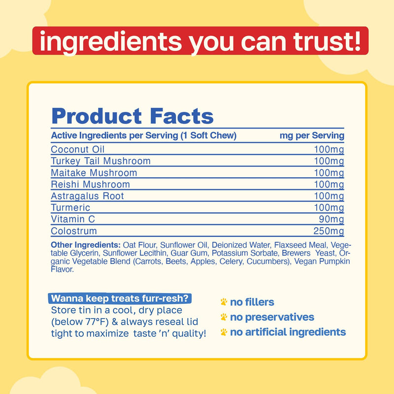 Happy Paws Turmeric Supplement for Dogs, Daily Immune & Joint Support for All Breeds & Ages, with Turmeric, Colostrum & Turkey Tail Mushrooms, Pumpkin Flavor, Non-GMO, 100 Soft Chews 100 Count