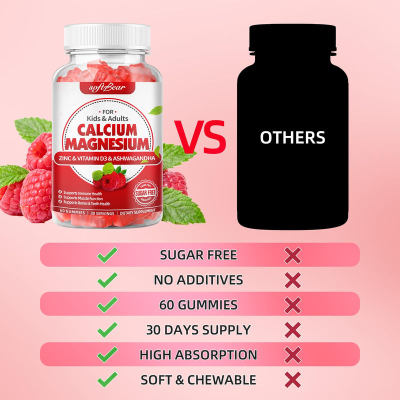 softbear Calcium Magnesium Zinc Gummies for Women, Calcium Magnesium Supplement with Vitamin D3 for Bone Strength, Vegan/Sugar-Free, Raspberry Flavor 60 Count 60 Count (Pack of 1)