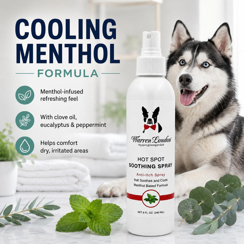 Warren London Dog Hot Spot Soothing Spray, Cooling Anti-Itch Spray with Menthol, Bitter Lick & Chew Deterrent for Dry Itchy Skin & Irritated Areas, Made in USA, 8 oz