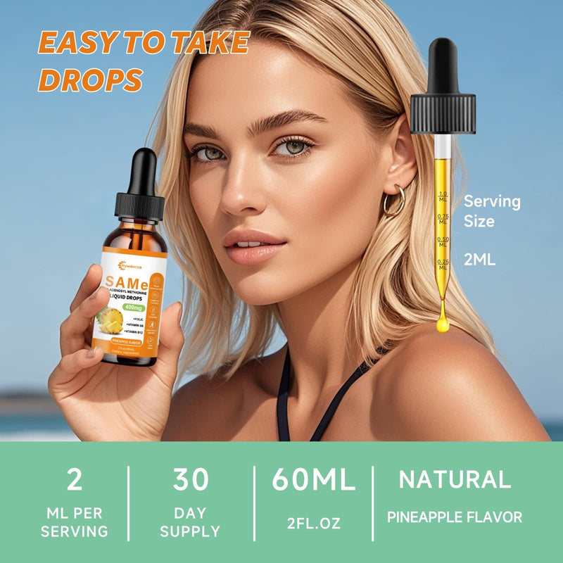 Liquid SAM E Drops,SAM-E(SAMe) Supplement 400MG S-Adenosyl-L-Methionine | with Vitamin B6,B12,Folate,Joint Support&Liver Health,Pineapple Flavor,98% Absorption&Better Bioavailability,0 Sugar,2 FL OZ