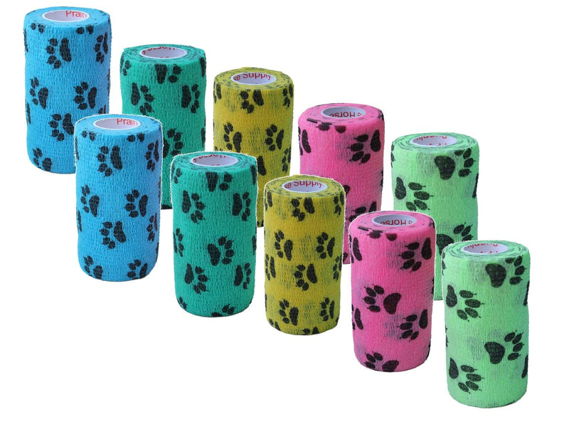 Prairie Horse Supply 4 Inch Vet Wrap Tape Bulk (Paw Prints Variety) (Pack of 12) Self Adhesive Adherent Adhering Flex Bandage Grip Roll for Dog Cat Pet 12 Rolls Paw Prints