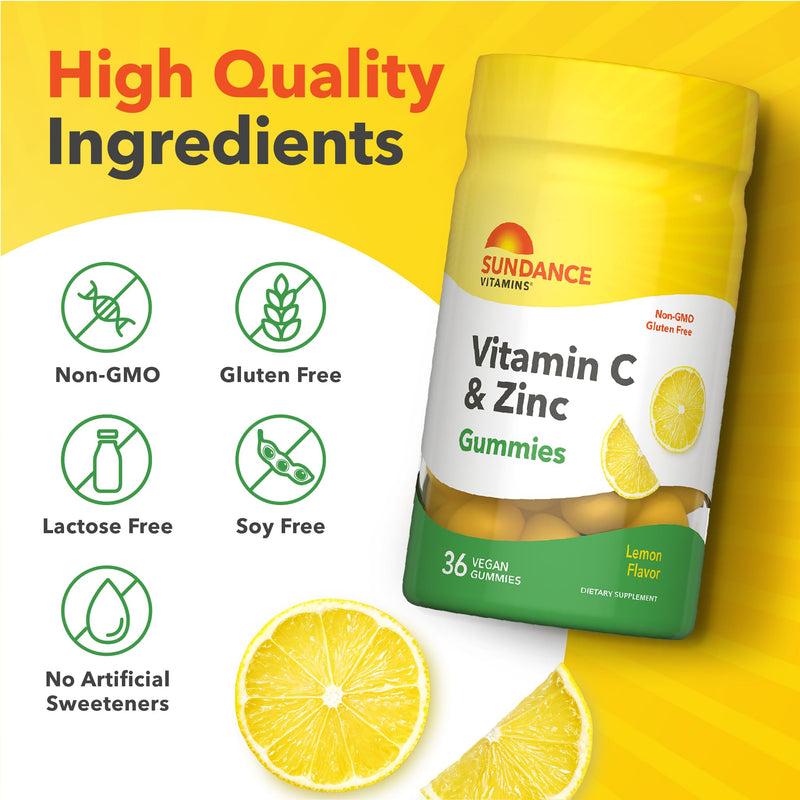 Sundance Vitamin C Gummies with Zinc for Adults | 36 Count | Lemon Flavor | Vegan, Non-GMO & Gluten Free Supplement