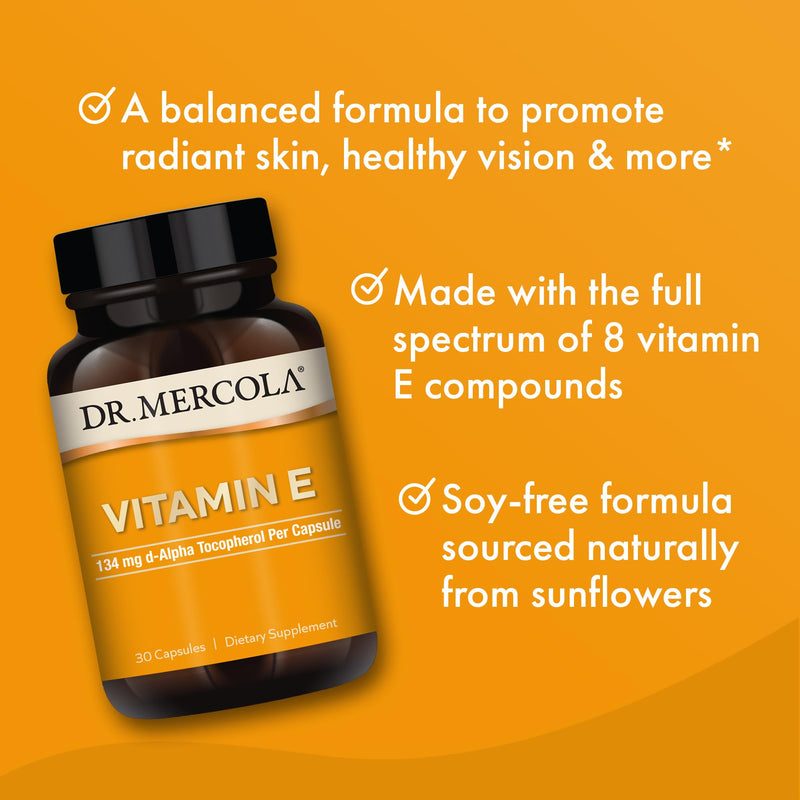 Dr. Mercola Vitamin E, 134 mg Per Capsule, 30 Capsules (30 Servings) | Supports Healthy Skin and Antioxidant Status, Sunflower-Sourced Vitamin E, Non-GMO, Gluten-Free, and Soy-Free 30 Count (Pack of 1)