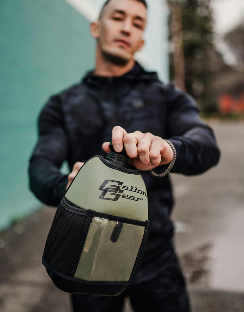 Gallon Gear 1 Gallon Fitness Hydration Cover | Neoprene Insulated Cooling & Portable Gym Water Bottle Carrier | CASE with Storage Pockets Olive Green