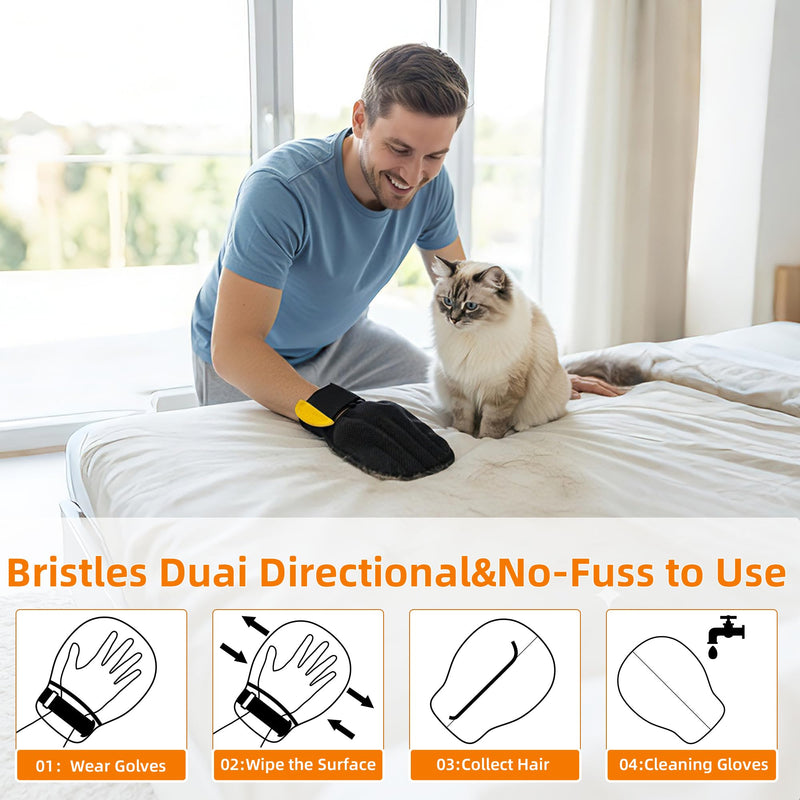 Pet Dental Cleaning Powder & Patented Hair Remover Glove Bundle: No-Brushing Oral Care for Fresh Breath, Plaque Support & Reusable Five-Finger Grooming Mitt for Furniture, Carpet, Couch