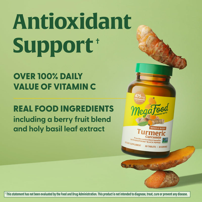 MegaFood Turmeric Curcumin Extra Strength - Whole Body - Turmeric Curcumin with Black Pepper- 475mg Curcuminoids - Holy Basil, Tart Cherry - Made without 9 Food Allergens - 120 Tabs (60 Servings) 120 Count (Pack of 1) - BeesActive Australia