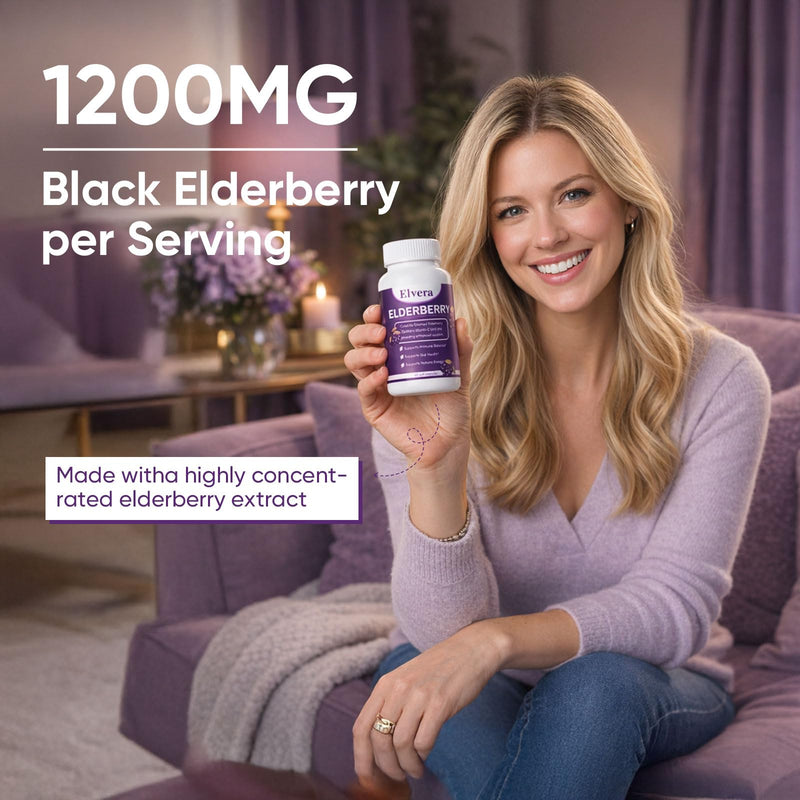 ELVERA Elderberry Gut Support | 1200mg Elderberry Extract, Vitamin C, Zinc | Daily Immune & Gut Support | Vegan, Non-GMO | 60 Capsules A