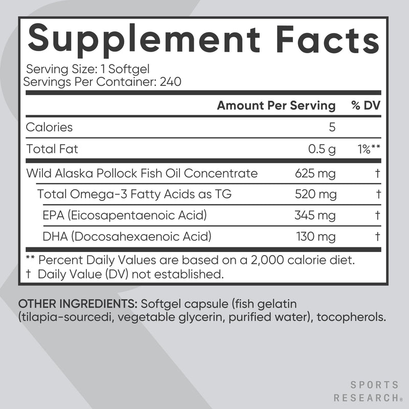 Sports Research® Omega-3 Fish Oil Minis from Wild Alaska Pollock, 240 Count | Easy to Swallow Mini-Softgel, Always Fresh Never Fishy, 345mg EPA 130mg DHA per Softgel, MSC Certified Sustainable, Non-GMO 240 Count (Pack of 1) Mini Capsule
