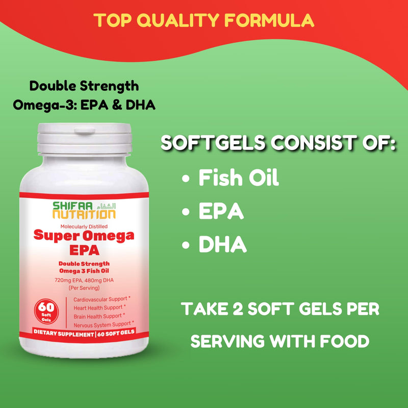 SHIFAA NUTRITION Halal Fish Oil Softgels 60 Ct, Double Strength - Halal Omega 3 Fish Oil Supplements. Wild Caught, Non-GMO & Purified 1 Count (Pack of 60)