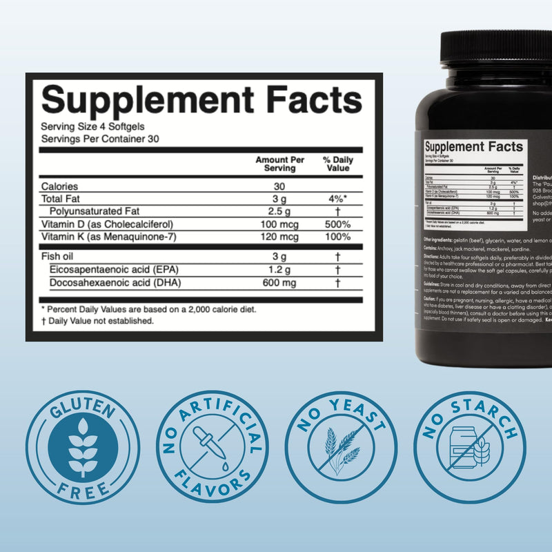 The 'Pause Life Omega 3, Vitamin D3 & K2 Fish Oil Supplement, 120 Softgels | Gluten & dairy free fish oil with vitamins D3 & K2. Supports immune function, bone health & daily wellness. 30-day supply