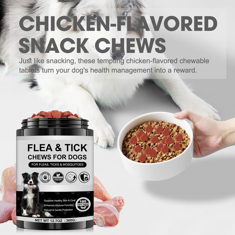 Dog Flea and Tick Chewable Supplement – Natural Support for Skin & Coat Health, Seasonal Comfort & Itch Relief – 180 Soft Chews with Chicken Flavor for Dogs & Puppies (180pcs) 180pcs