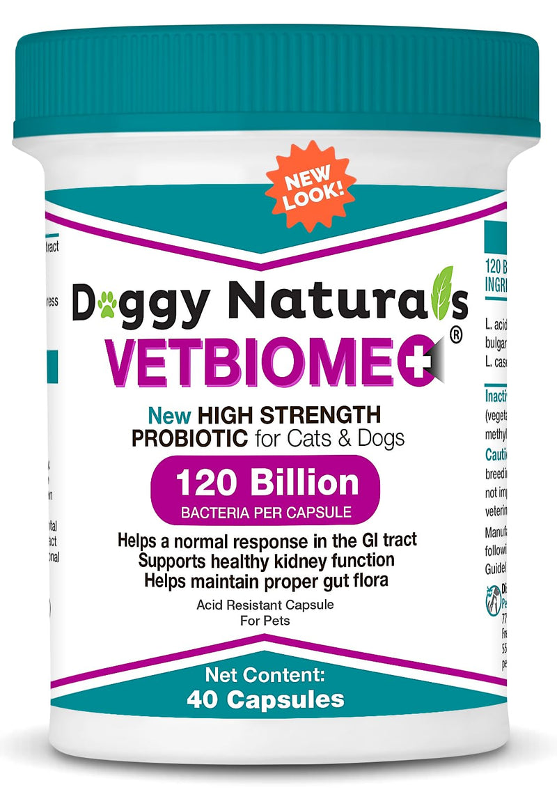 Vetbiome +® Plus High Strength Probiotics for Pets (40 Capsules) - 120 Billion CFU, 9 - Strain Formula – Third Party Tested - Made in U.S.A
