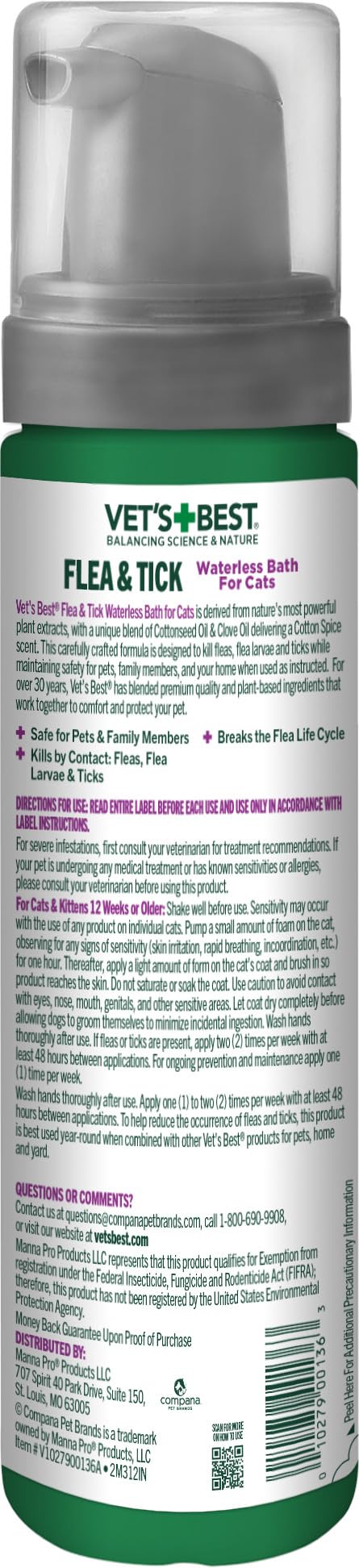 Vet’s Best Flea & Tick Waterless Bath for Cats – Cat Waterless Bath – Cotton Spice Scent – Natural Flea and Tick Prevention – Kills Fleas & Ticks on Contact – 8oz 5 oz - BeesActive Australia