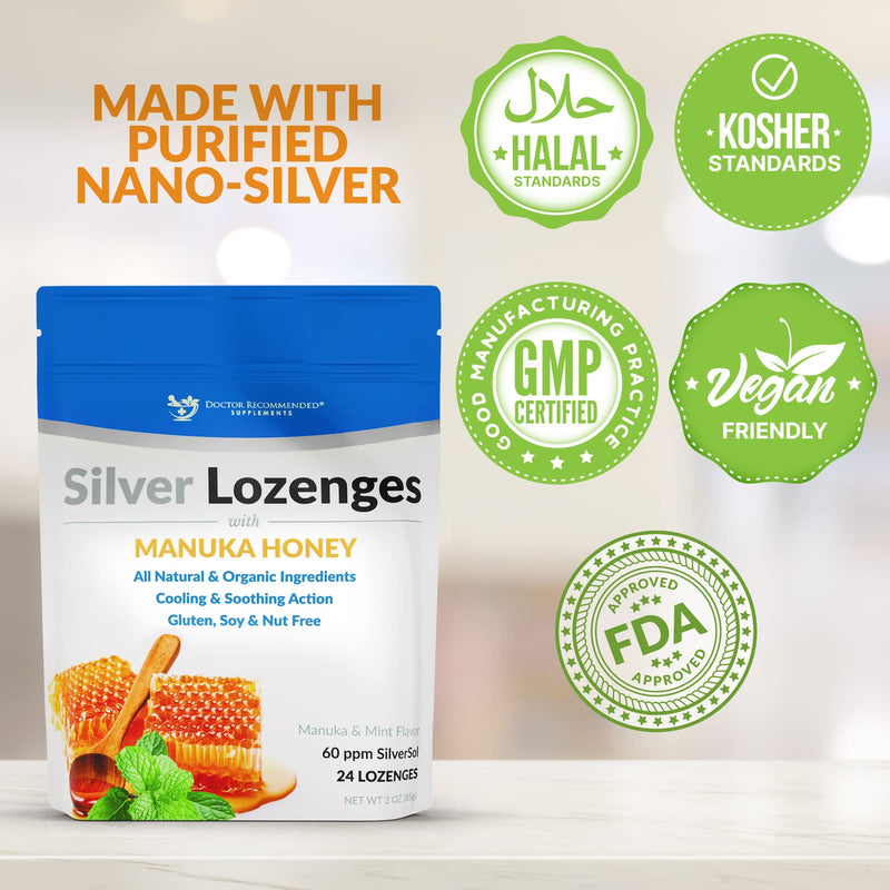 Silver Lozenges with Organic Manuka Honey and Vitamin C - All-Natural Nano Silver 45-50mcg of 60 PPM Colloidal Mineral Drops to Support Immune System, Soothe, Cool Cough & Throat, 96-Lozenges 24 Count (Pack of 4)