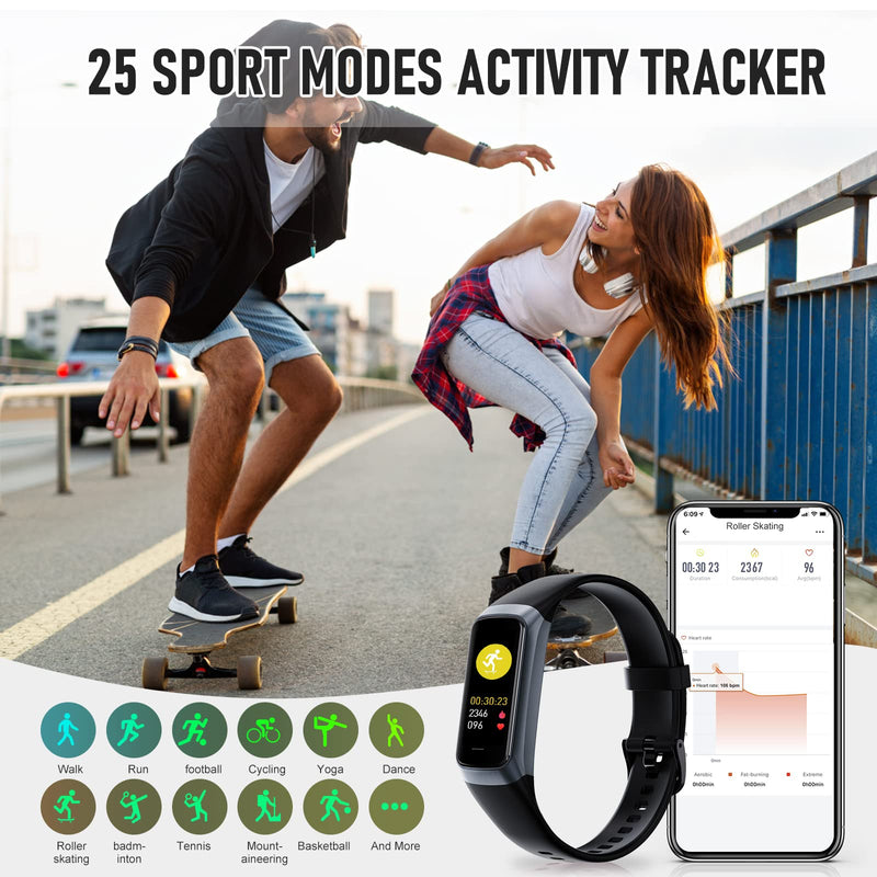 Fitness Tracker, Activity Trackers with 24/7 Heart Rate, Blood Oxygen Blood Pressure Sleep Monitor, Step Counter with 1.1" AMOLED Touch Color Screen, Calorie Pedometer Health Smart Watch for Women Men black