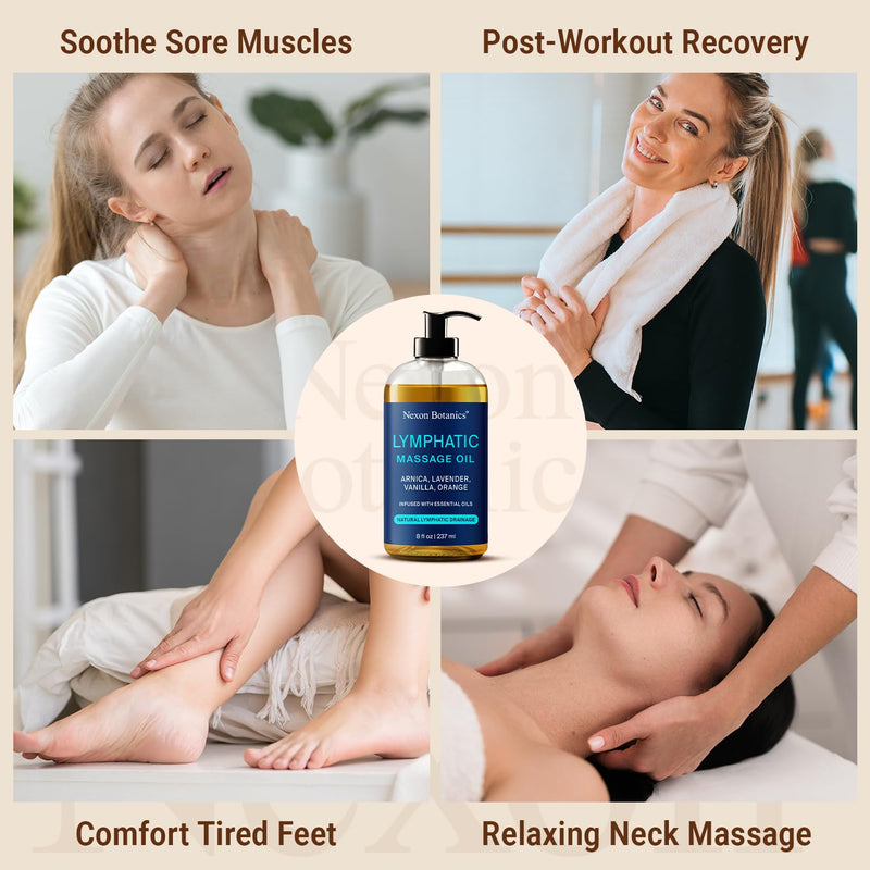 Lymphatic Drainage Massage Oil for Massage Therapy 8 fl oz - Refreshing and Relaxing - Natural Oils with Arnica, Vanilla and Lavender Oil - for Men and Women - Nexon Botanics Lymphatic 8 Fl Oz (Pack of 1)
