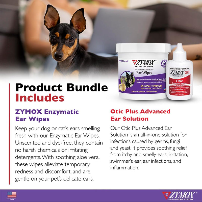Zymox Enzymatic Ear Wipes and Otic Plus Advanced Ear Solution for Dogs and Cats - Product Bundle - for Dirty, Waxy, Smelly Ears and to Soothe Ear Infections, 100 Count Wipes and 1.25oz Bottle - PawsPlanet Australia