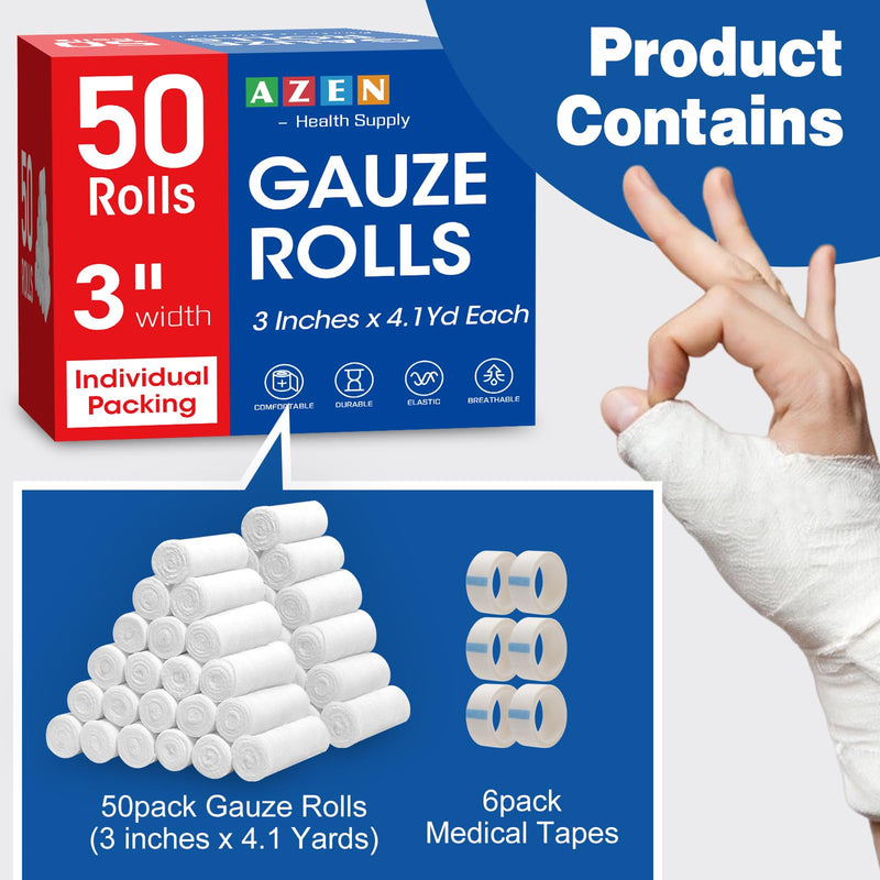 AZEN 50 Pack Gauze Rolls Bandages, 3 in x 4.1 Yards, Premium Medical Supplies & First Aid Supplies, Bandage Wrap Vet Wrap B-50p - BeesActive Australia