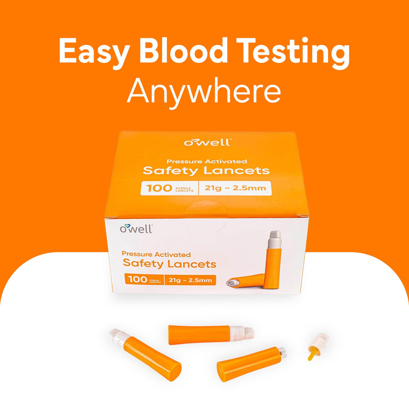 OWELL¬Æ Safety Lancets 21G x 2.5mm ‚Äì 100 Count | Extra Blood Flow for Thick Skin | Sterile, Preloaded, Medical-Grade, Pressure Activated for Diabetic Glucose Testing 21 Gauge x 2.5mm