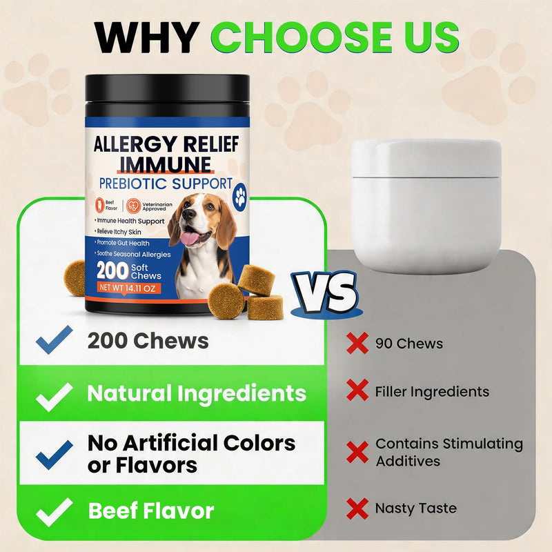 Dog Allergy Chews 200 Ct - Itch Relief for Dogs Immune Support with Colostrum Probiotics & Omega 3 - Seasonal Allergies Anti-Itch Skin & Coat Supplement, Itchy Skin & Paw Relief Bites - Beef Flavor