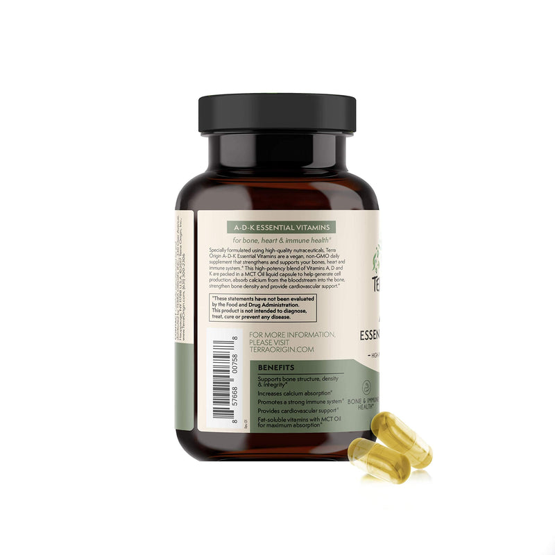 TERRA ORIGIN ADK Essential Vitamin Supplement | 60 Liquid Capsules | High Potency Vitamin A, D 5000 IU, K1 and K2 | Non GMO, Gluten Free, Vegan, Made in USA