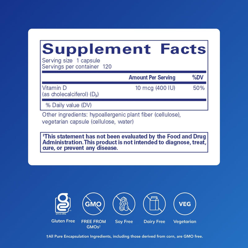 Pure Encapsulations Vitamin D3, 120 Capsules | 10 mcg (400 IU), Hypoallergenic Support for Bone, Breast, Cardiovascular, Colon and Immune Health*