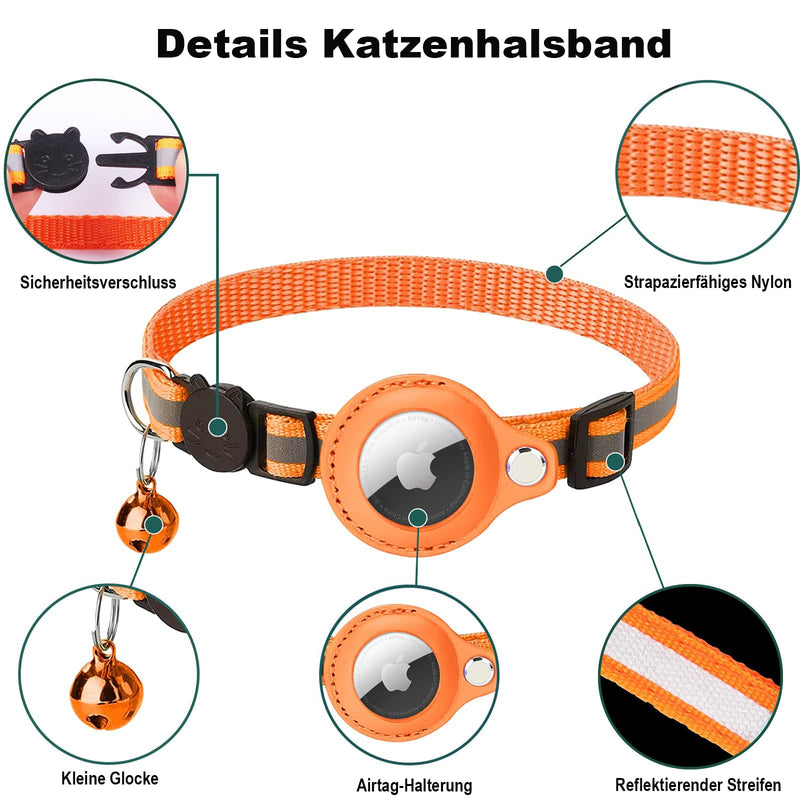 Mouyou Airtag Cat Collar, Airtag Collar Cat Soft Nylon Reflective with Bell and Safety Clasp, Tracking Cat Collar with Holder Airtag Case Adjustable from 22-34cm Orange - BeesActive Australia