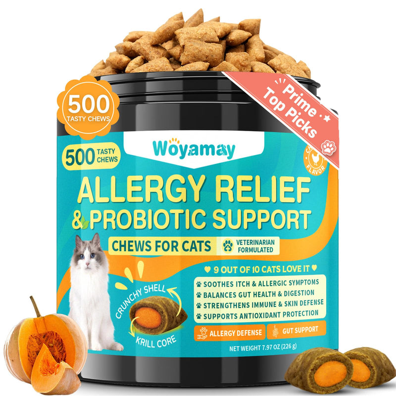 Woyamay Cat Allergy Relief for Cats with Probiotics, 500 Crunchy Cat Probiotic & Allergy Chews, Cat Allergy Treats to Stop Itching & Scratching, Probiotics for Cats Support Gut Health, Chicken Flavor