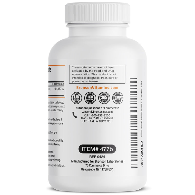 Bronson Vitamin B12 2500 mcg Fast Dissolve Sublingual Cherry, 180 Tablets | B12 as Cyanocobalamin, Supports Energy Metabolism, Red Blood Cell Formation, Nerve & Brain Function 180 Count (Pack of 1)