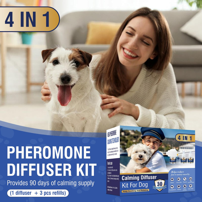 Dog Pheromone Calming Diffuser (Plug in+ 3 Pack 48ml Refill) Pet Pheromones Diffuser to Calm Kit for Anxiety Relief Reduce Barking Aggression Fighting Stress 90 Day Supply 4 in 1 Appeasing