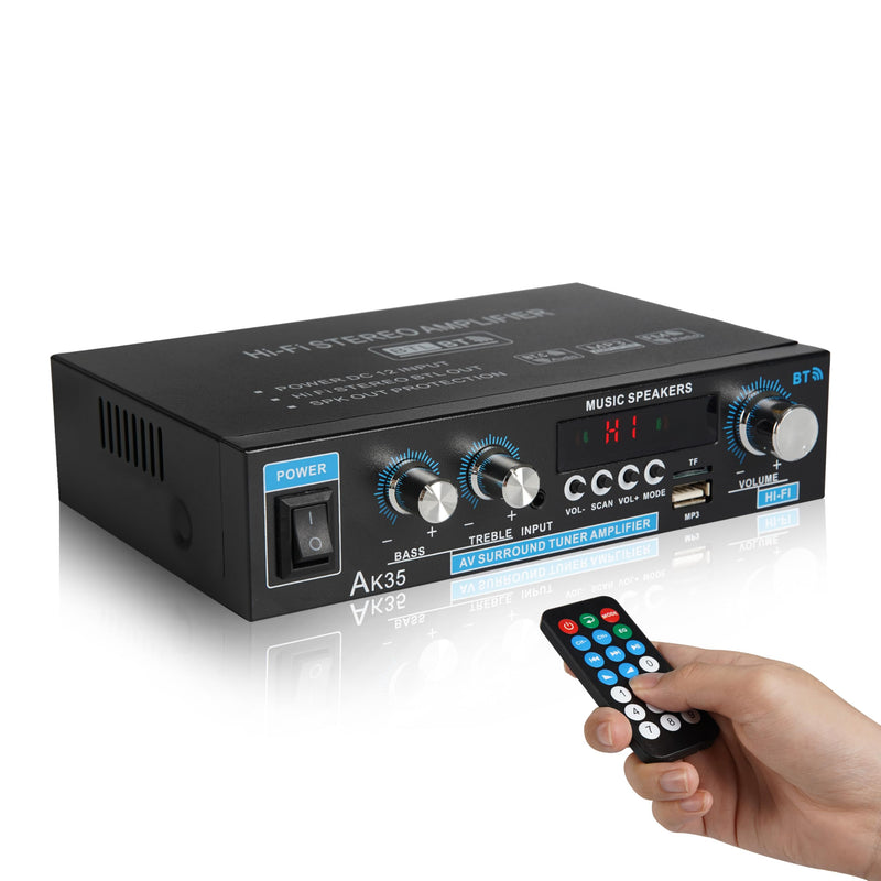Stereo Amplifier AK35 Bluetooth 5.0 Max 200W 2.0 Channel Mini Amplifier Stereo Receivers for Car, Home Party, Audio Amplifier AMP w/USB/TF Card/AUX Input/Bass & Treble Control