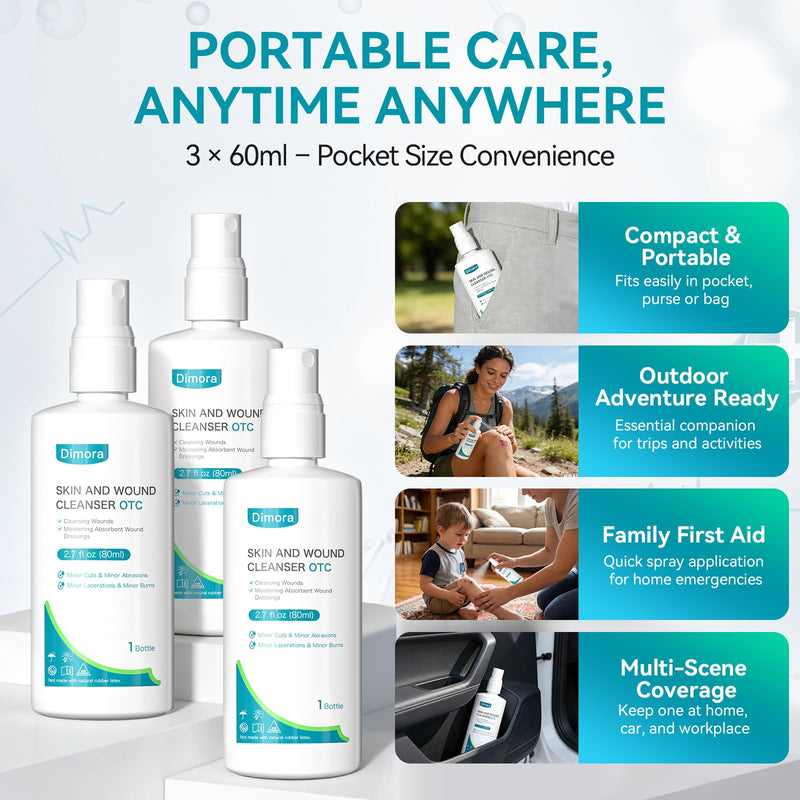 Dimora OTC First Aid Antiseptic Spray, PHMB Skin and Wound Cleanser for Cleansing Wounds and Moistening Absorbent Wound Dressings for Cuts, Abrasions, Lacerations, Burns, and More – 80mL Each (3 Pack) - BeesActive Australia