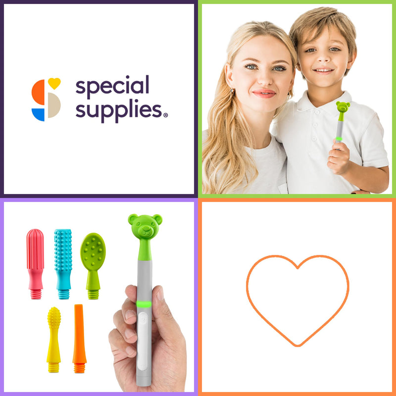 Special Supplies Buzz Buddy Oral Motor Stimulation kit with 6 Soft Textured Interchangeable Heads, Calm Sensory Needs, Support Speech, and Stimulate Self Feeding, Gentle Vibrations (Grey) Grey