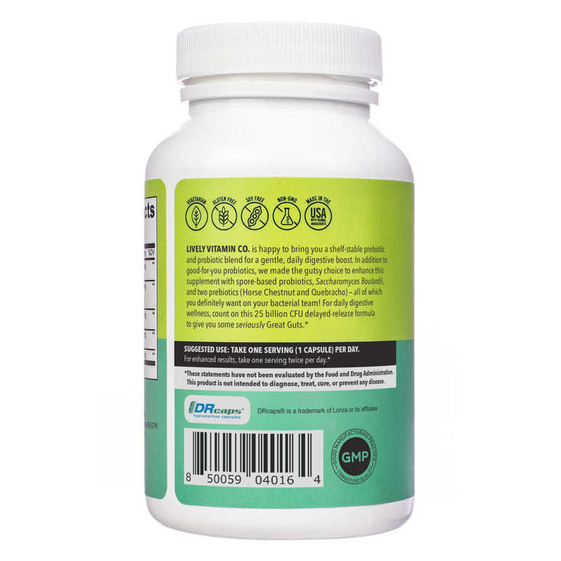 LIVELY VITAMIN CO. Great Guts Probiotic - 25 Billion CFU Probiotic - Balance Gut Microbiome, GI Tract, Inflammation, Indigestion, Reflux, Upset Stomach, & Diarrhea - 90 Caps 90 Count (Pack of 1)