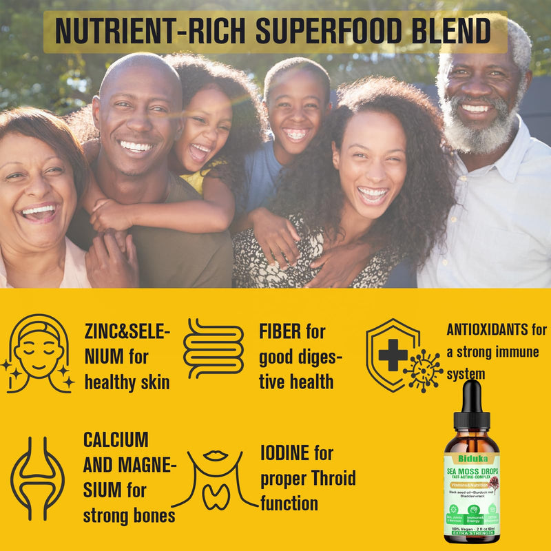 Irish Sea Moss Drops with Black Seed Oil, Bladderwrack, Burdock Root, Bromelain, Vitamin C and Zinc, Multimineral Liquid Seamoss Supplement for Immune, Joint, Digestion, Aging Support