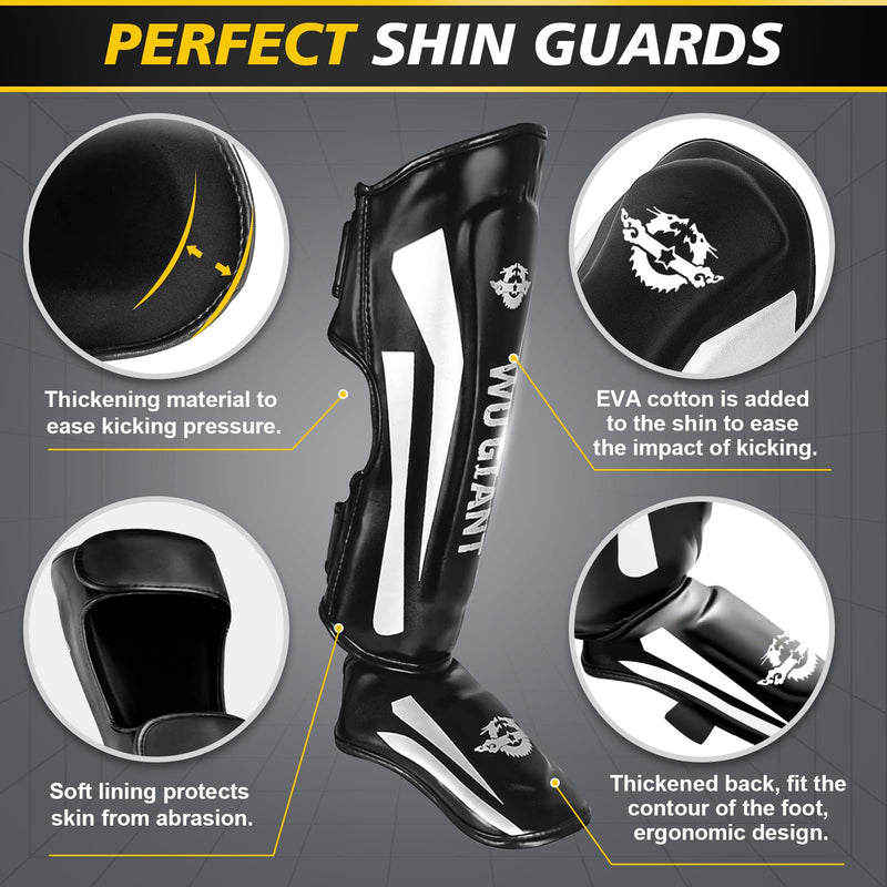 Kickboxing Shin Guards Muay Thai Shin Pads for Men, Women, Adjustable Leg Guards with Instep Protection Shinguards Martial Arts Training Equipment for MMA Training and Sparring Medium WU GIANT