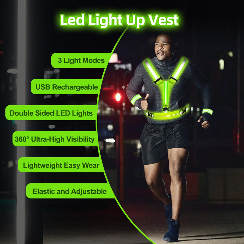 JZ LED Reflective Vest Running Gear-Reflective Vest for Walking at Night, High Visibility Night Running-Rechargeable Adjustable Led Light Up Running Vest with Armband for Runners Walkers Men Green