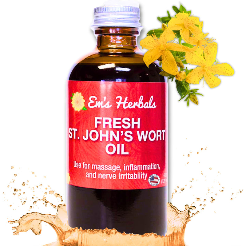 Em's Herbals Fresh St. John’s Wort Oil - Wild Harvested in USA, Natural Solution for Nerve Discomfort, Skin Eruptions, Wound Care, Scar, and Stretch Marks - Skin, Face, Body, Hair, Massage Oil (4 Oz) 4 Fl Oz (Pack of 1) - BeesActive Australia