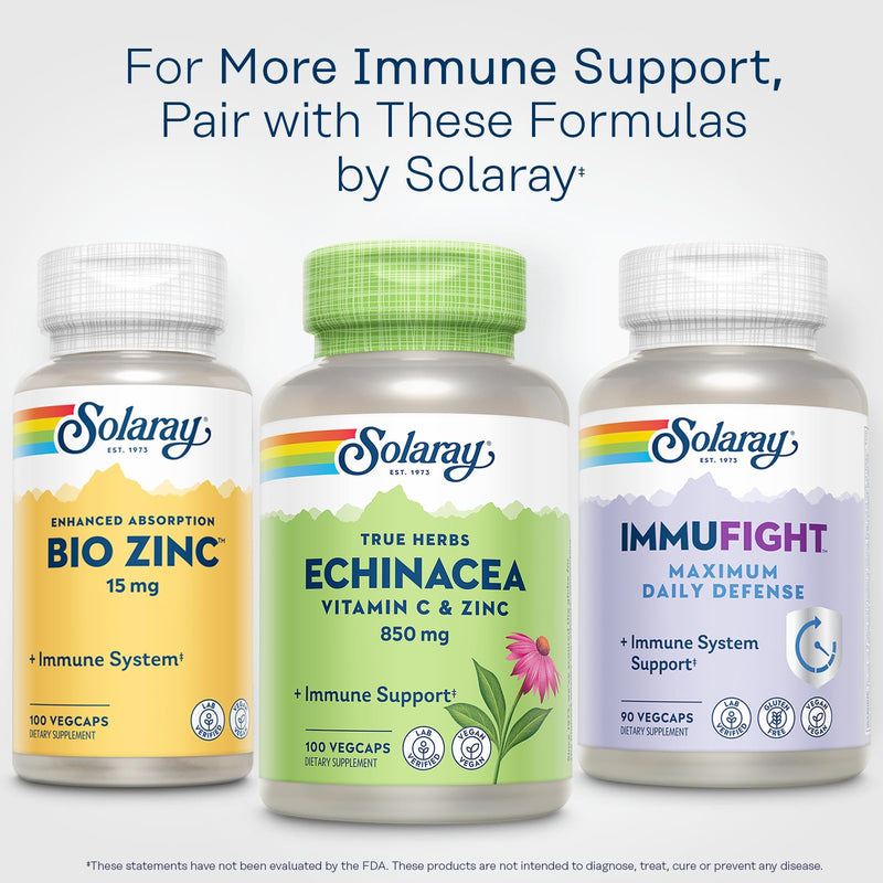 SOLARAY Echinacea Vitamin C and Zinc Wellness Formula - Immune Support Supplement - Echinacea Capsules with Vitamin C 500mg Plus Bioflavonoids, Vegan, 60-Day Guarantee, 50 Servings, 100 VegCaps 100ct