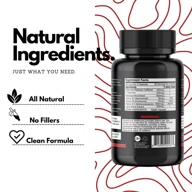 Beast Mind Extended Release Extreme Energy Pills | 400mg XR Caffeine | 600mg Ashwagandha | 200mg Lion's Mane, Increased Energy & Focus, Natural Nootropic Labs