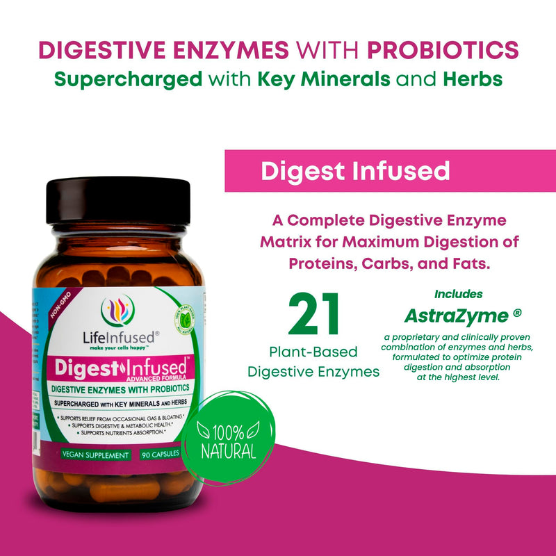 Life Infused Digestive Enzymes with Probiotics – 21 Plant-Based Enzymes with Bromelain, Papain, Amylase & Protease – Digestive Support for Gas & Bloating – 72 Trace Minerals & Herbs – Vegan – Capsules